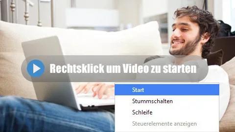 HTML5-Video: Beim Ladevorgang wird die im Poster-Attribut hinterlegte Grafik angezeigt. Die Anweisung im Poster ermöglicht die Bedienung des Players auch ohne reguläre Bedienelemente. Mit einem Rechtsklick kann im Menü der Punkt "Abspielen" (Firefox) bzw. "Start" (Chrome) gewählt werden.